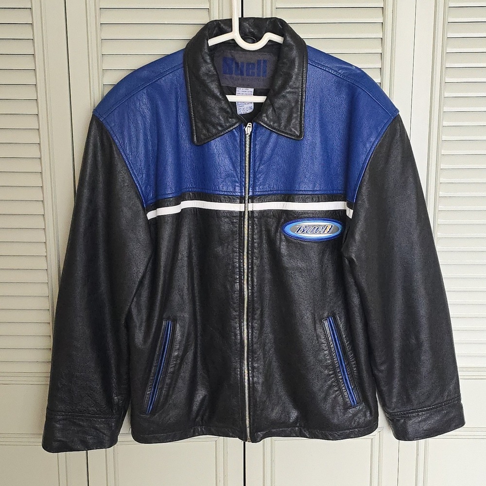Vintage Buell American‎ Motorcycles Leather Jacket Mens Large Black Blue Racing